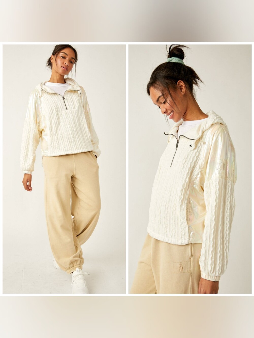 Free People Sweetest Pullover Quarter Zip Hooded Medium Ivory Oversized Knit